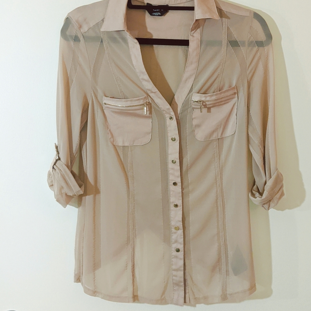 bebe Tan Blouse with Buttons, Pockets